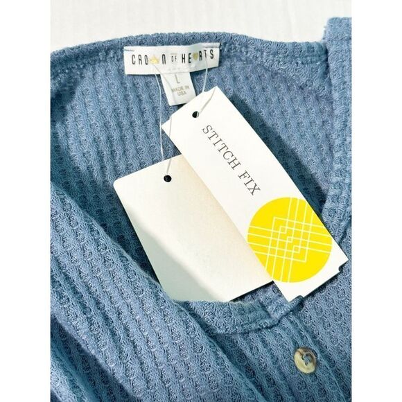 Crown of Hearts Women's Salina Tie Front Button-Down Waffle Knit Top Blue Large - Picture 2 of 11